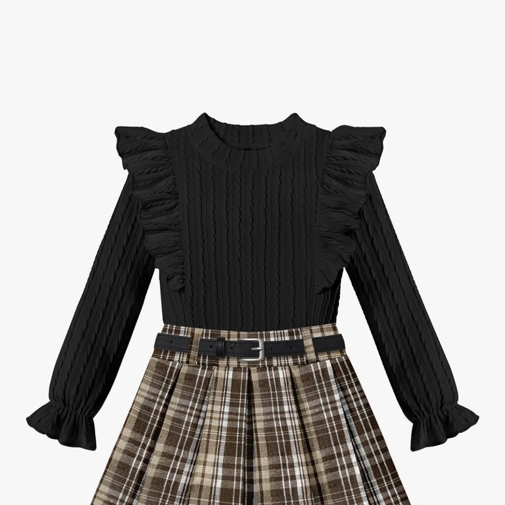 Black Ruffle Cable-Knit Girls Top
